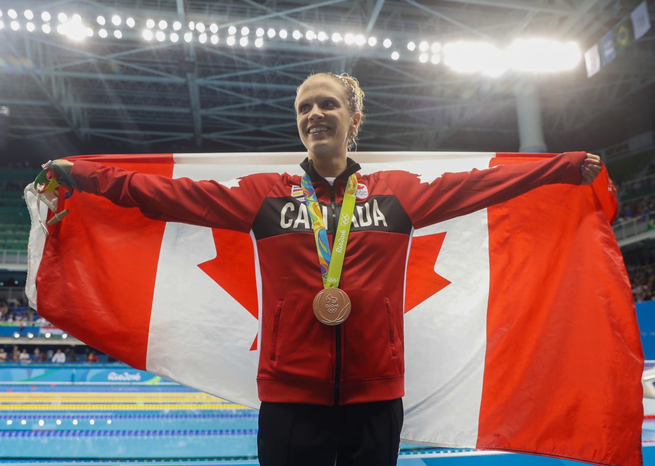 Canada's Hilary Caldwell with her bronze medal from winning the bronze medal in the women's 200-meter backstroke final during the swimming competitions at the 2016 Summer Olympics, Thursday, Aug. 12, 2016, in Rio de Janeiro, Brazil. (COC Photo/Mark Blinch)