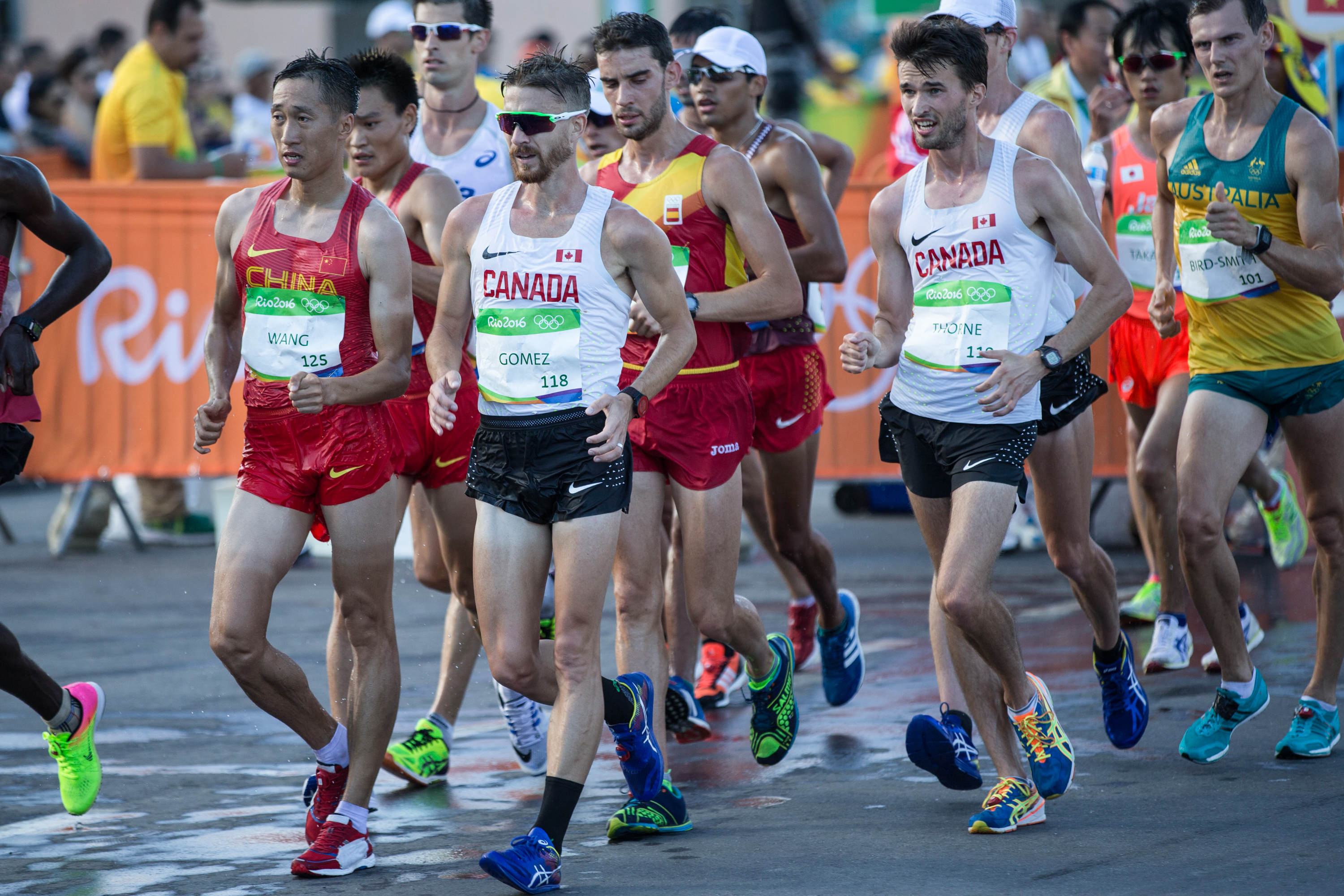 Team Canada's Ben Thorne, Evan Dunfee, and Inaki Gomez during the 20km race walk at Pontal Beach, Rio de Janeiro, Brazil, Friday August 12, 2016. COC Photo/David Jackson
