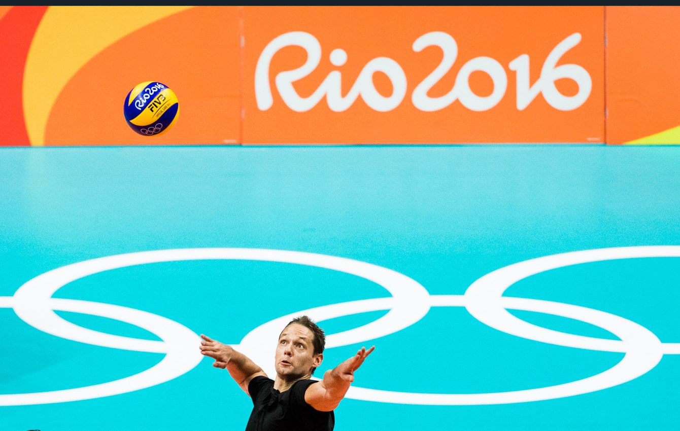 Team Canada's Frederic Winters goes to the play the ball during their men's team volleyball practice ahead of the Olympic games in Rio de Janeiro, Brazil, Wednesday August 3, 2016. COC Photo/Mark Blinch