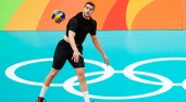 Team Canada's TJ Sanders serves the ball during their men's team volleyball practice ahead of the Olympic games in Rio de Janeiro, Brazil, Wednesday August 3, 2016. COC Photo/Mark Blinch