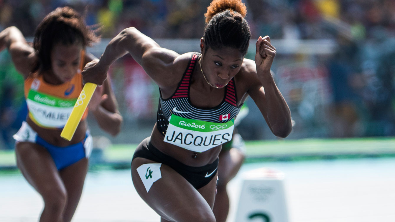 Farah Jacques leads off the 4x100m relay semifinals for Team Canada at the Olympic Games on August 18, 2016.