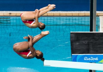 Canada's Jennifer Abel and Pamela Ware perform during the Women's Sync. 3m Springboard Final Olympic games in Rio de Janeiro, Brazil, Sunday August 7, 2016. COC Photo/Mark Blinch