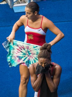 Canada's Jennifer Abel and Pamela Ware react after finishing fourth during the Women's Sync. 3m Springboard Final Olympic games in Rio de Janeiro, Brazil, Sunday August 7, 2016. COC Photo/Mark Blinch