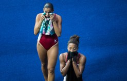 Canada's Jennifer Abel and Pamela Ware react after finishing fourth during the Women's Sync. 3m Springboard Final Olympic games in Rio de Janeiro, Brazil, Sunday August 7, 2016. COC Photo/Mark Blinch
