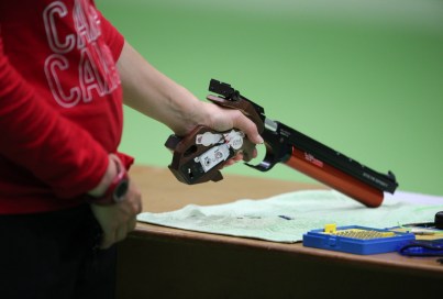 Team Canada's Lynda Kiejko in qualifying round of air pistol shooting at Deodoro Park, Rio de Janeiro, Brazil, Sunday August 7, 2016. COC Photo/David Jackson