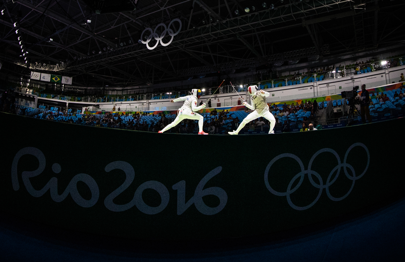 Canada's Maximilien van Haaster, right, competes against against Venezuela's Antonio Leal in their Men's Foil Individual Table of 64 fencing match at the Olympic games in Rio de Janeiro, Brazil, Sunday August 7, 2016. COC Photo/Mark Blinch