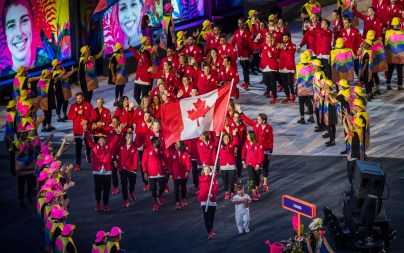 OLY 20160805 Team Canada arrives during the opening ceremony for the Olympic games at Maracana Stadium in Rio de Janeiro, Brazil, Friday August 5, 2016. COC Photo/Mark Blinch