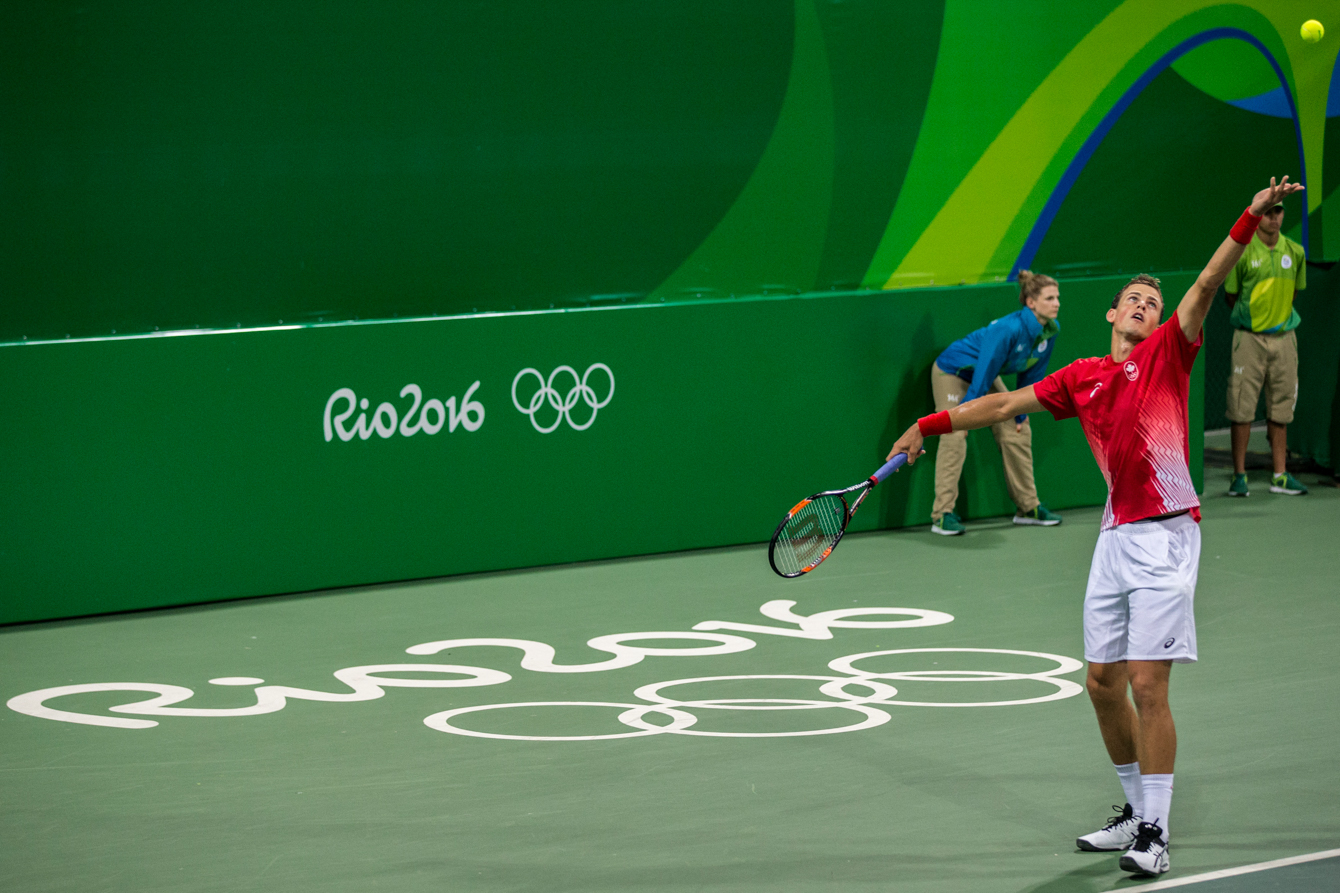 Team Canada's Daniel Nestor and Vasek Pospisil compete against Portugal in the men's second round of doubles tennis, Rio de Janeiro, Brazil, Monday August 8, 2016. COC Photo/David Jackson