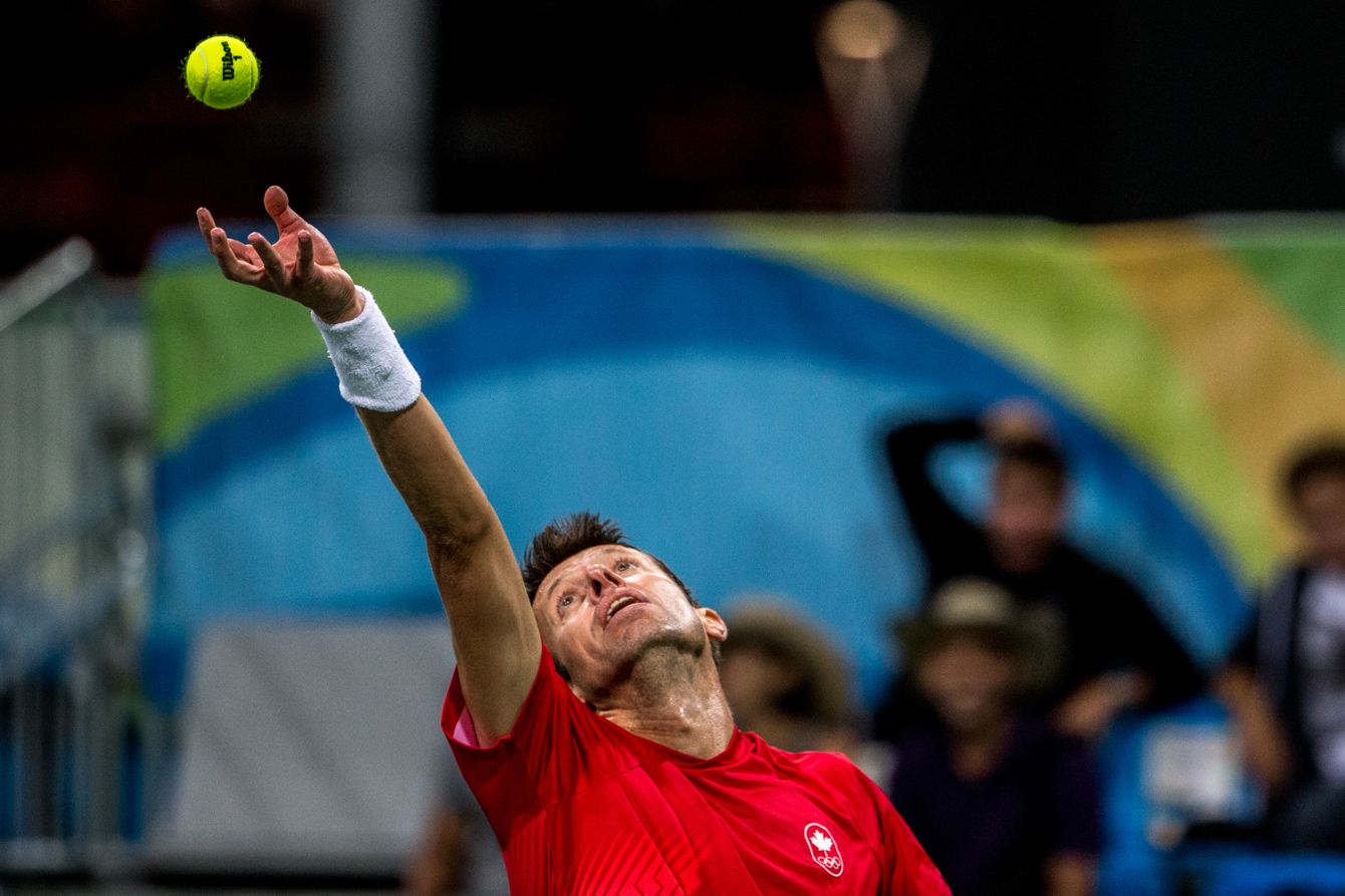 Team Canada's Daniel Nestor and Vasek Pospisil compete against Portugal in the men's second round of doubles tennis, Rio de Janeiro, Brazil, Monday August 8, 2016. COC Photo/David Jackson