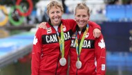 Patricia Obee (left), Lindsay Jennerich after winning Olympic silver
