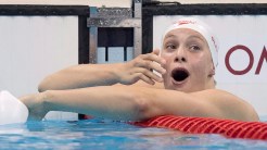 Penny Oleksiak reacts after seeing she won silver in 100m butterfly at Rio 2016 on August 7, 2016.