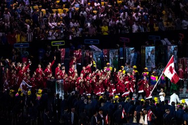 Team Canada enters the Maracana Stadium during the opening ceremonies of the olympic games in Rio de Janeiro, Brazil, Friday August 5, 2016. COC Photo/David Jackson