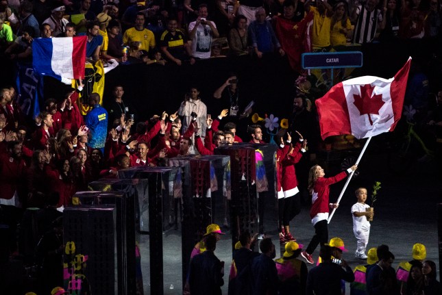 Team Canada enters the Maracana Stadium during the opening ceremonies of the olympic games in Rio de Janeiro, Brazil, Friday August 5, 2016. COC Photo/David Jackson