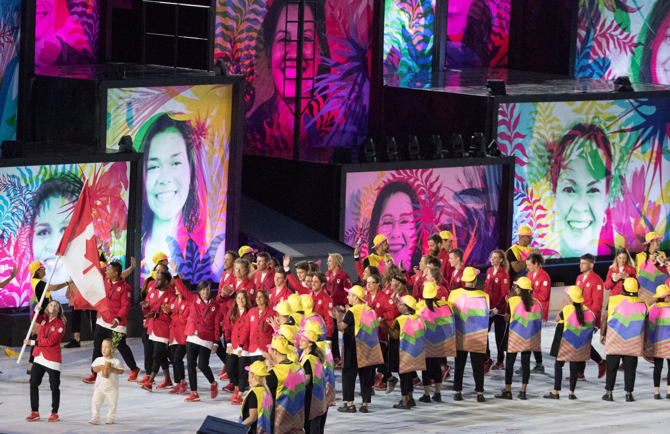 Rosie Mecllenan leads team Canada in to the stadium during the opening ceremonies at the Olympic games in Rio de Janeiro, Brazil, Friday, August 5, 2016. COC/Jason Ransom