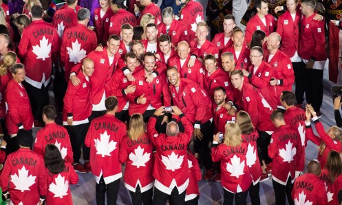 Team Canada takes pictures as they arrive during the opening ceremony for the Olympic games at Maracana Stadium in Rio de Janeiro, Brazil, Friday August 5, 2016. COC Photo/Mark Blinch