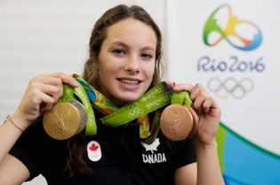 Penny Oleksiak showing off her four medals at the Rio2016 Olympic games on August 14, 2016.