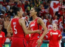 Kia Nurse and Miranda Ayim in the quarterfinal game at Rio 2016 against France (COC/March Blinch)