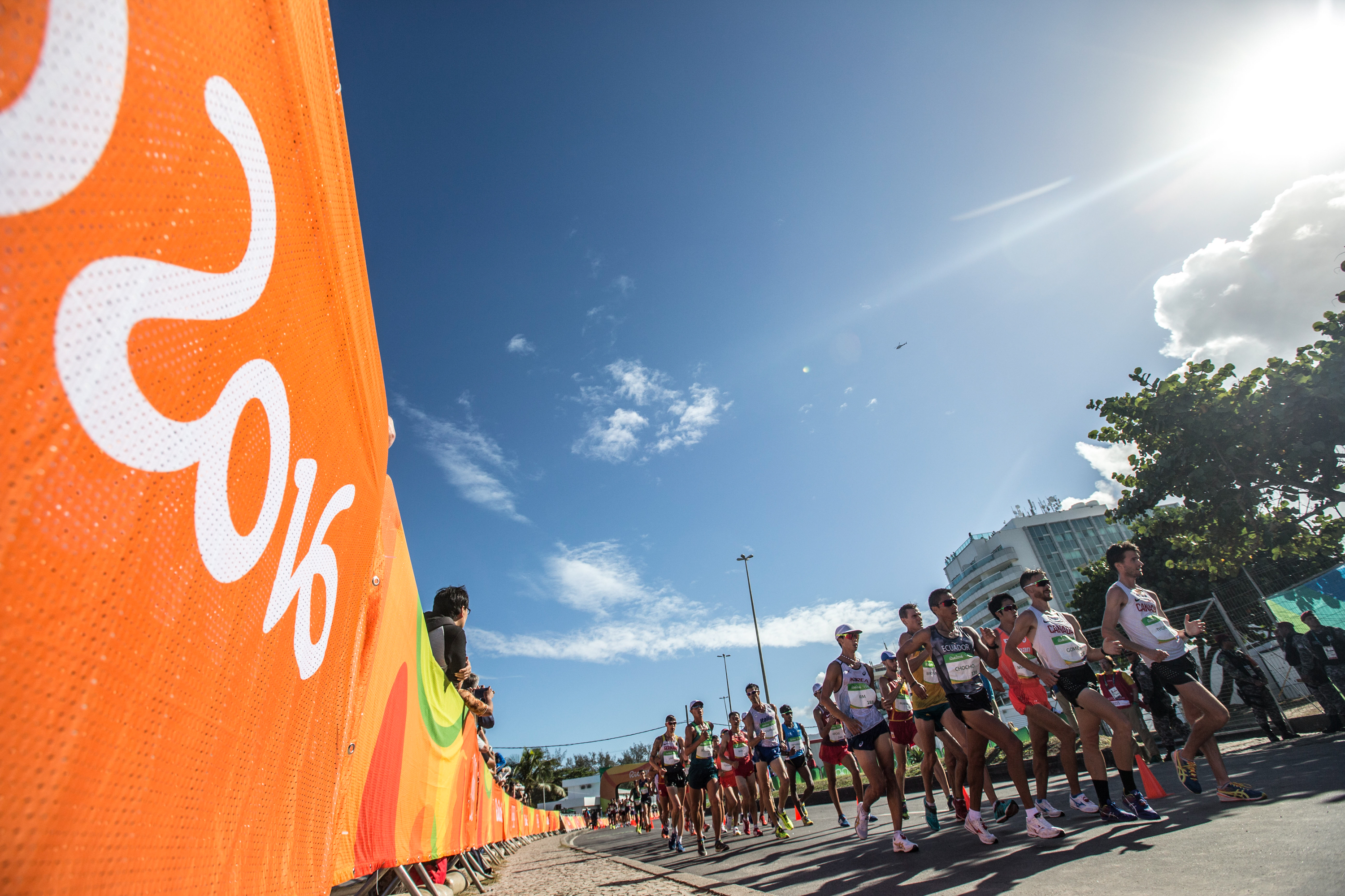 Team Canada's Ben Thorne, Evan Dunfee, and Inaki Gomez during the 20km race walk at Pontal Beach, Rio de Janeiro, Brazil, Friday August 12, 2016. COC Photo/David Jackson