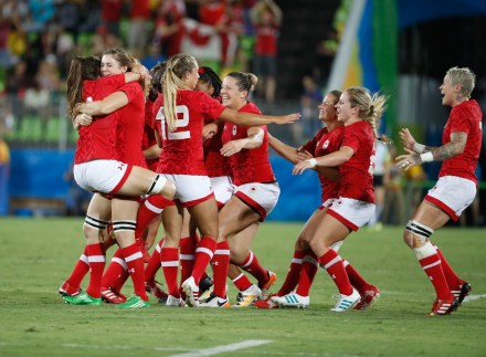 Canada's players celebrates after winning the women's rugby sevens bronze medal match against Great Britain at the Summer Olympics in Rio de Janeiro, Brazil, Monday, Aug. 8, 2016. (Photo/Stephen Hosier)Canada's players celebrates after winning the women's rugby sevens bronze medal match against Great Britain at the Summer Olympics in Rio de Janeiro, Brazil, Monday, Aug. 8, 2016. (Photo/Mark Blinch)