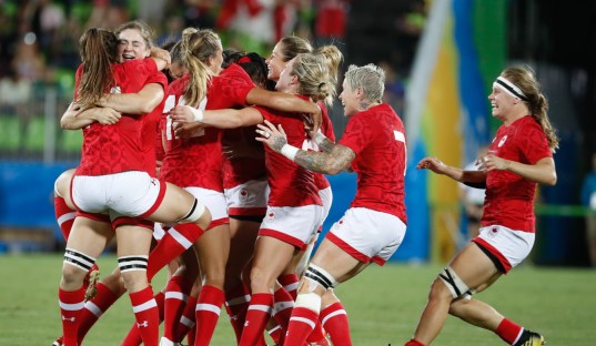 Canada's players celebrates after winning the women's rugby sevens bronze medal match against Great Britain at the Summer Olympics in Rio de Janeiro, Brazil, Monday, Aug. 8, 2016. (Photo/Stephen Hosier)Canada's players celebrates after winning the women's rugby sevens bronze medal match against Great Britain at the Summer Olympics in Rio de Janeiro, Brazil, Monday, Aug. 8, 2016. (Photo/Mark Blinch)