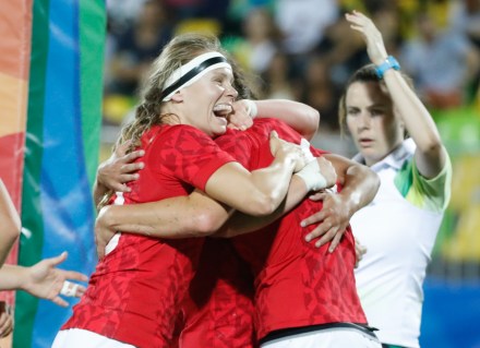 Canada's players celebrates after winning the women's rugby sevens bronze medal match against Great Britain at the Summer Olympics in Rio de Janeiro, Brazil, Monday, Aug. 8, 2016. (Photo/Stephen Hosier)Canada's players celebrates after winning the women's rugby sevens bronze medal match against Great Britain at the Summer Olympics in Rio de Janeiro, Brazil, Monday, Aug. 8, 2016. (Photo/Mark Blinch)