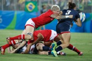 Jen Kish attempts a tackle during the bronze medal match against Great Britain in women's rugby sevens at the 2016 Olympic Summer Games in Rio de Janeiro, Brazil on Monday, Aug. 8, 2016. (Photo/ Mark Blinch)