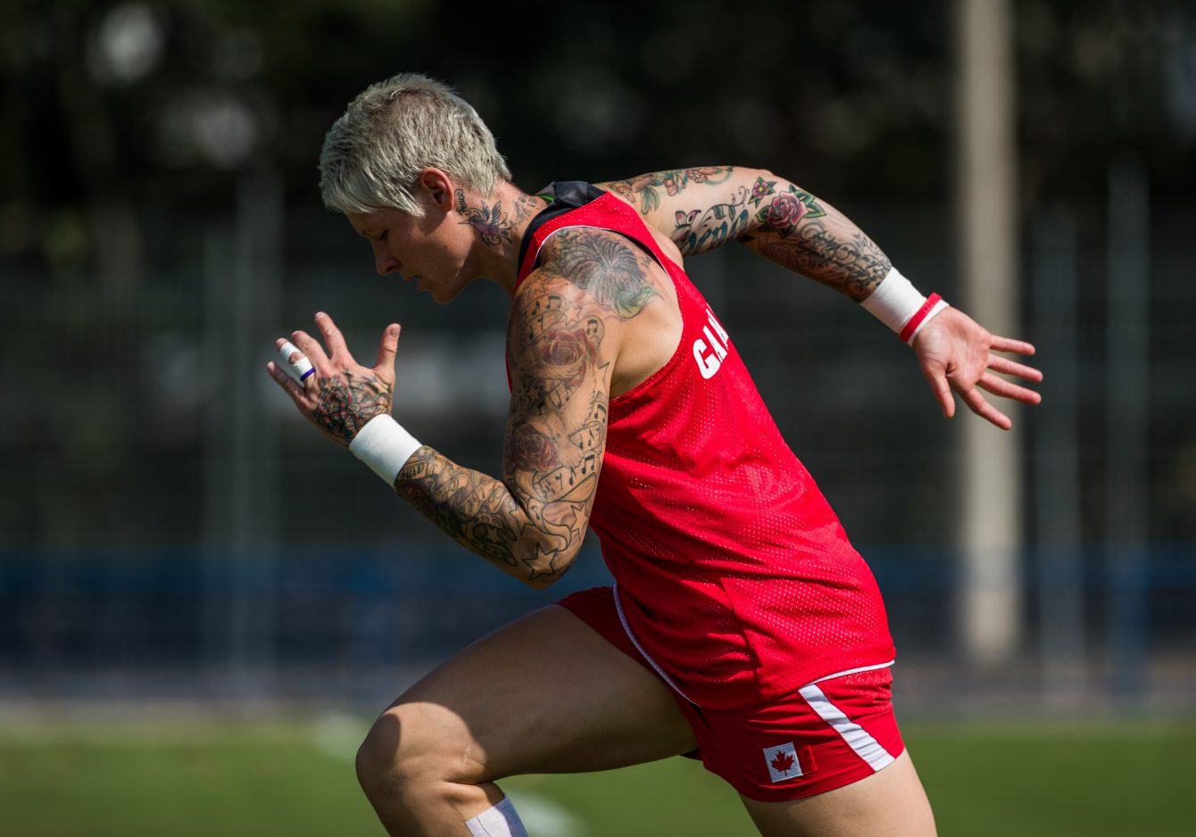 Team Canada's Jen Kish sprints during women's rugby practice ahead of the Olympic games in Rio de Janeiro, Brazil, Tuesday August 2, 2016. COC Photo/Mark Blinch