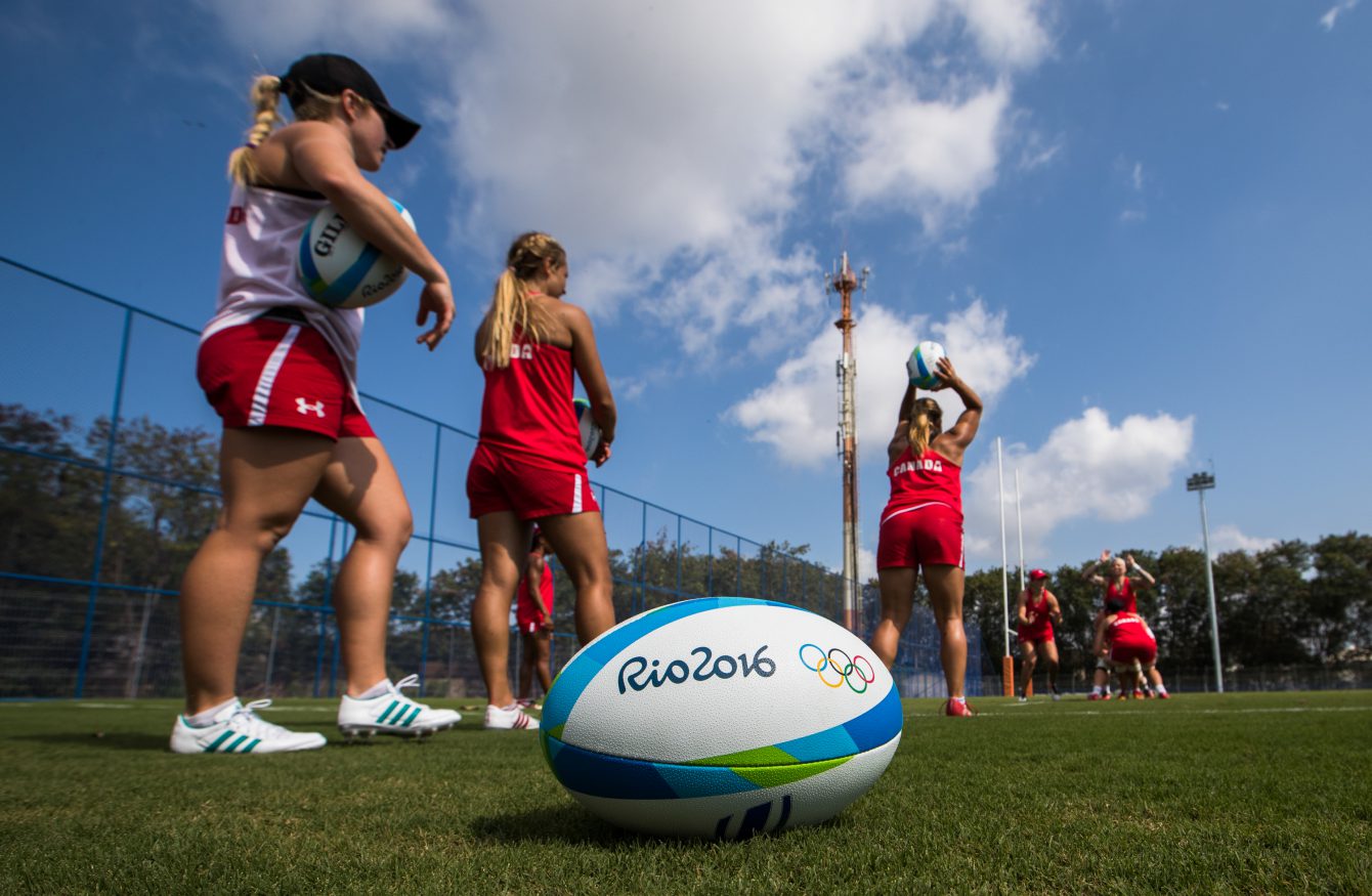 Team Canada does drills during women's rugby practice ahead of the Olympic games in Rio de Janeiro, Brazil, Tuesday August 2, 2016. COC Photo/Mark Blinch