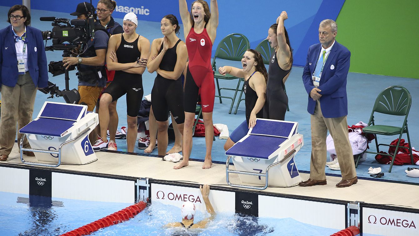 The Rio 2016 4x200m freestyle team wins bronze with Taylor Ruck, Penny Oleksiak, Brittany Maclean and Katerine Savard on August 10 2016.