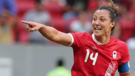 Canada's Melissa Tancredi celebrates after scoring during a Group F match of the women's Olympic football tournament between Germany and Canada at the National Stadium, in Brasilia, Brazil, Tuesday, Aug. 9, 2016. (AP Photo/Eraldo Peres)