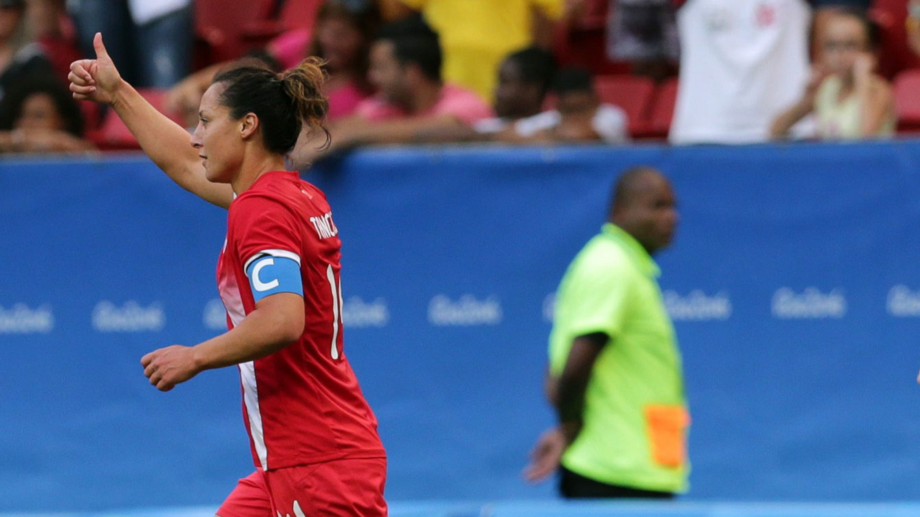 Melissa Tancredi celebrates after scoring against Germany on August 9, 2016 at the Rio 2016 Olympic Games.