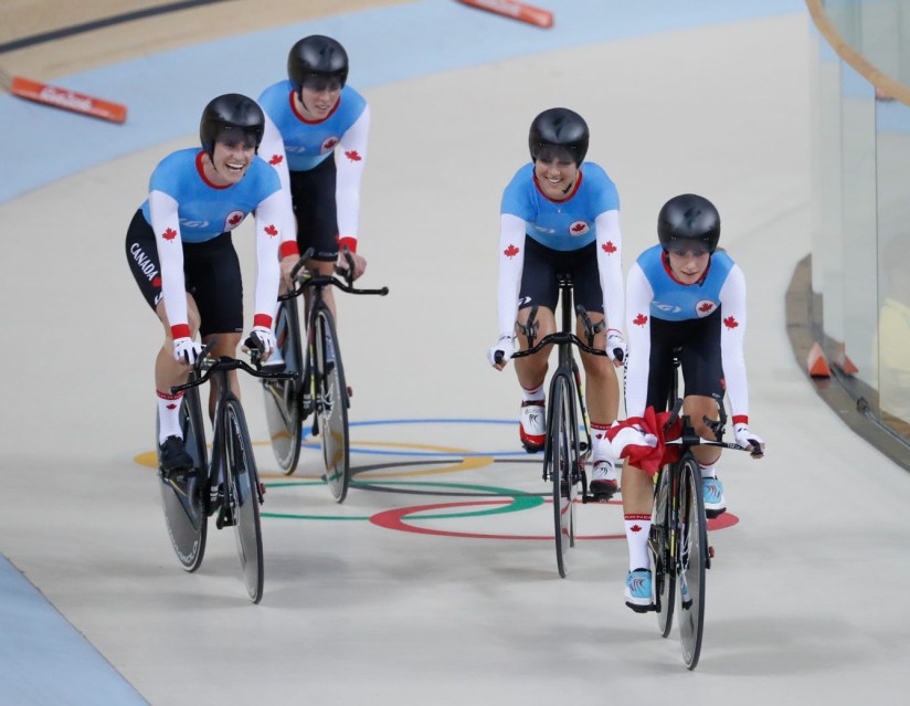 Canada's women's team pursuit team Allison Beveridge, Jasmin Glaesser, Kirsti Lay, and Georgia Simmerling race after winning the bronze medal at the velodrome at the Olympic games in Rio de Janeiro, Brazil, Saturday August 13, 2016. (photo/ Mark Blinch)