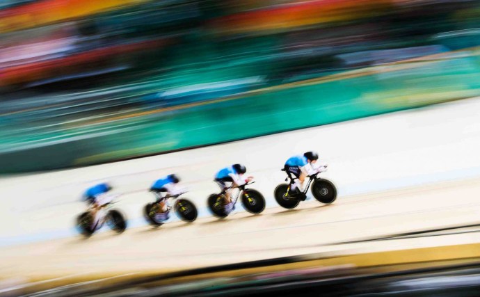 Canada's women's team pursuit team Allison Beveridge, Jasmin Glaesser, Kirsti Lay, and Georgia Simmerling race to qualify for the bronze match in qualifying during track cycling at the velodrome at the Olympic games in Rio de Janeiro, Brazil, Saturday August 13, 2016. COC Photo/Mark Blinch