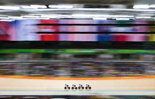 Canada's women's team pursuit team Allison Beveridge, Jasmin Glaesser, Kirsti Lay, and Georgia Simmerling race to qualify for the bronze match in qualifying during track cycling at the velodrome at the Olympic games in Rio de Janeiro, Brazil, Saturday August 13, 2016. COC Photo/Mark Blinch