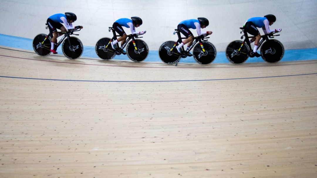 Canada competes in the Women's Team Pursuit at the Olympic games in Rio de Janeiro, Brazil, Thursday, August 11, 2016. COC Photo by Stephen Hosier