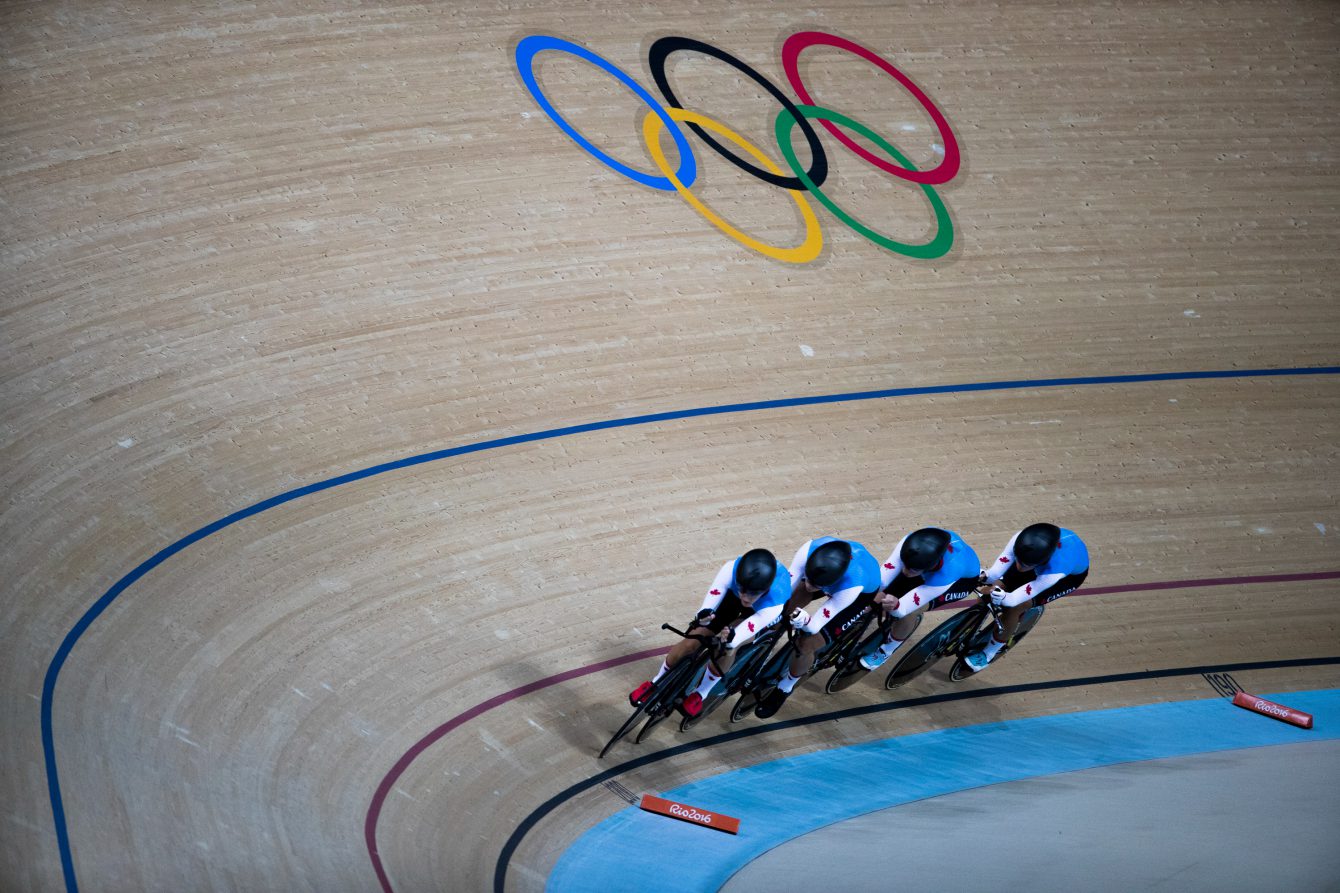 Canada competes in the Women's Team Pursuit at the Olympic games in Rio de Janeiro, Brazil, Thursday, August 11, 2016. COC Photo/Stephen Hosier