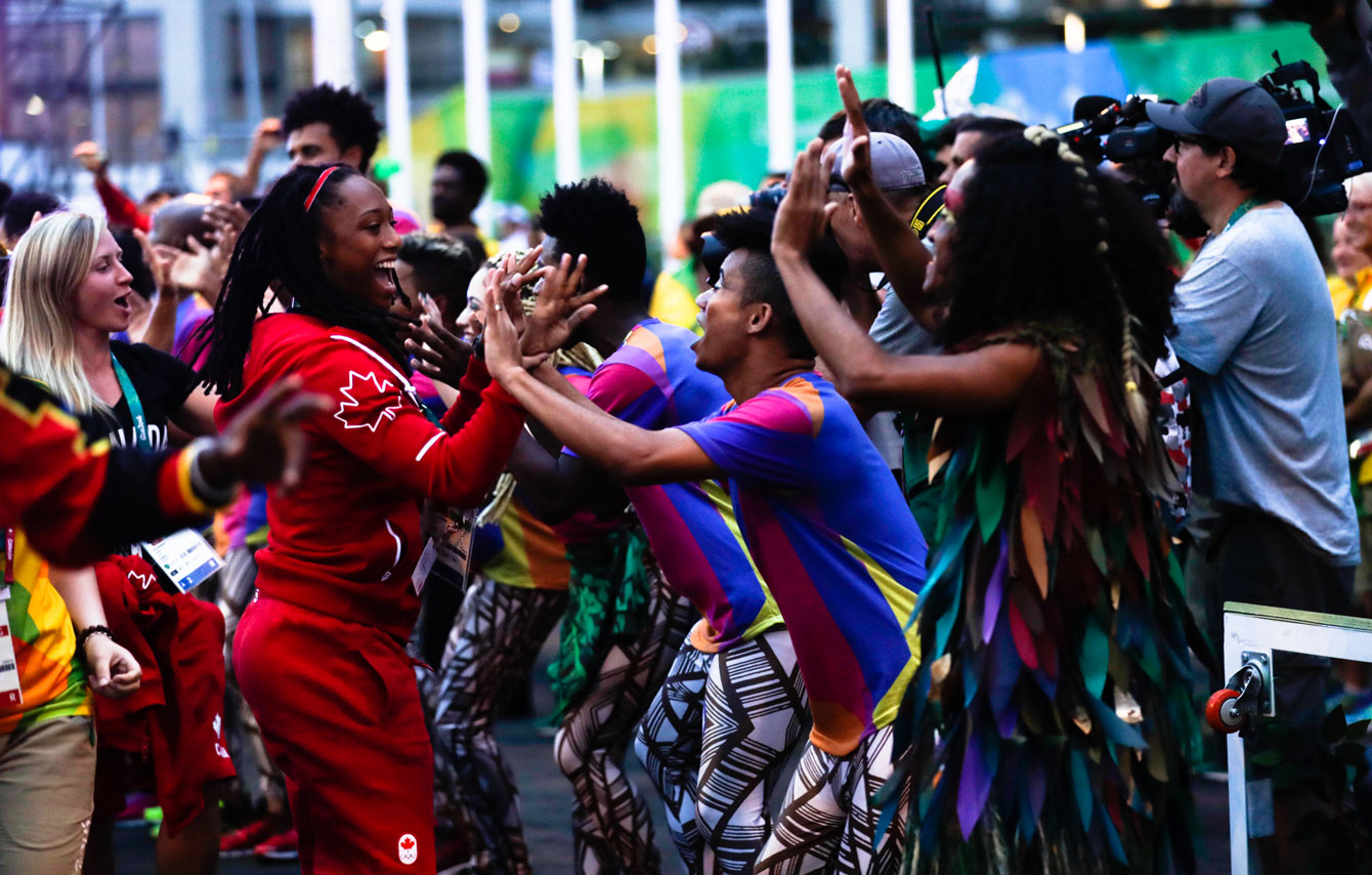 Team Canada greeted by Brazilian dancers at the Olympic village welcoming ceremony on August 2, 2016 (Jason Ransom/COC).