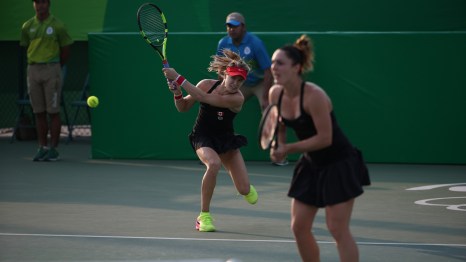 Canada's Eugenie Bouchard (left) and Gaby Dabrowski in action at Rio 2016 on August 9, 2016. David Jackson/COC