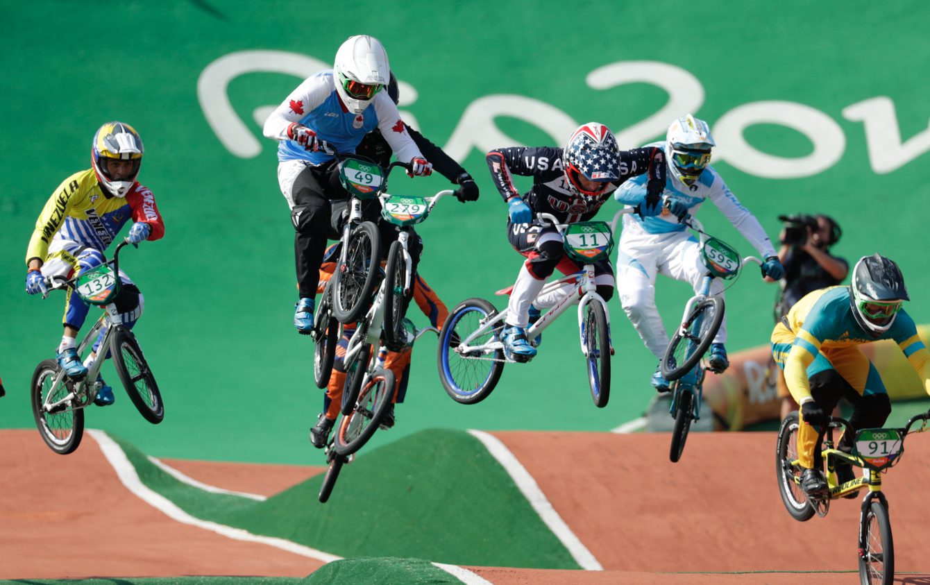 Tory Nyhaug competes in the BMX semifinals at, Rio 2016, em route for a fifth place finish. (August 19, 2016, COC/Jason Ransom) 