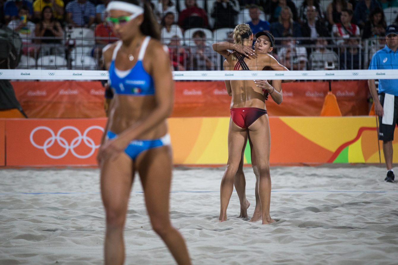 Team Canada's women's beach volleyball duo, Kristina Valjas and Jamie Broder, battle in a preliminary match against Italy, Copacabana Beach, Rio de Janeiro, Brazil, Sunday August 7, 2016. COC Photo/David Jackson