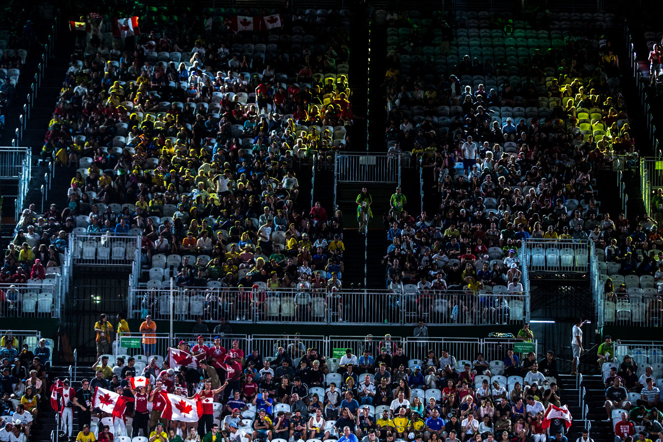Team Canada's women's beach volleyball duo, Kristina Valjas and Jamie Broder, battle in a preliminary match against Italy, Copacabana Beach, Rio de Janeiro, Brazil, Sunday August 7, 2016. COC Photo/David Jackson