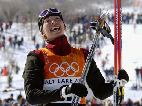 SCOTT Canada's Beckie Scott, of Vermilion, Alta., celebrates after winning a medal in the women's cross-country pursuit at the Winter Olympics Friday, Feb. 15, 2002, at Soldier Hollow in Midway, Utah. (AP Photo/Andrew Medichini)