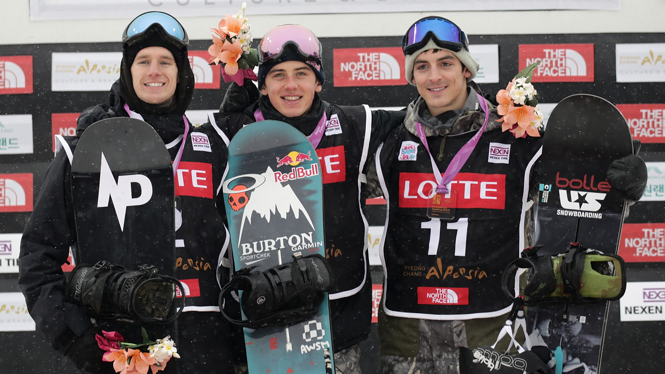 Mark McMorris and Max Parrot celebrate a 1-2 finish at the FIS Snowboard World Cup/ Pyeongchang 2018 test event in South Korea. (Photo by Han Myung-Gu/Getty Images) 