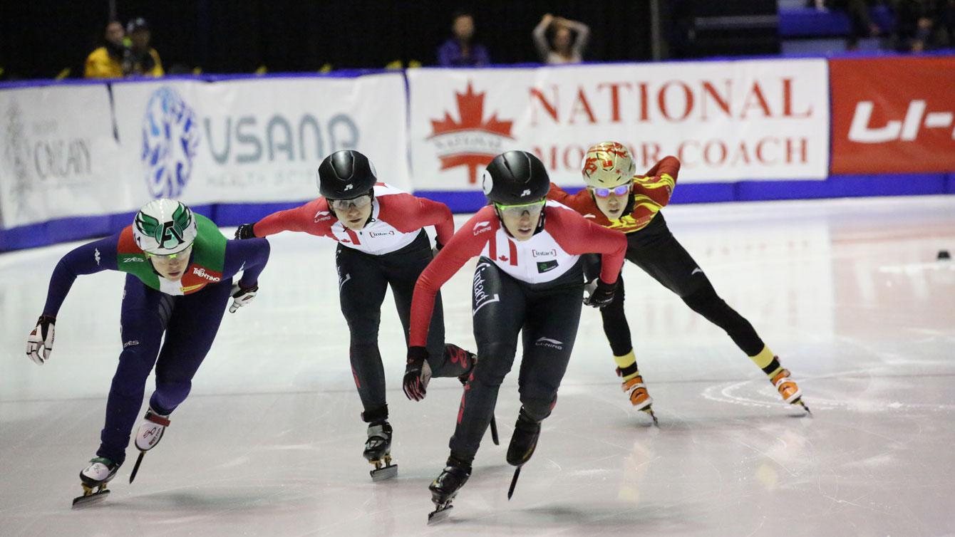 Marianne St-Gelais leads in the women's 500m at the short track World Cup in Calgary on Nov. 5 2016.