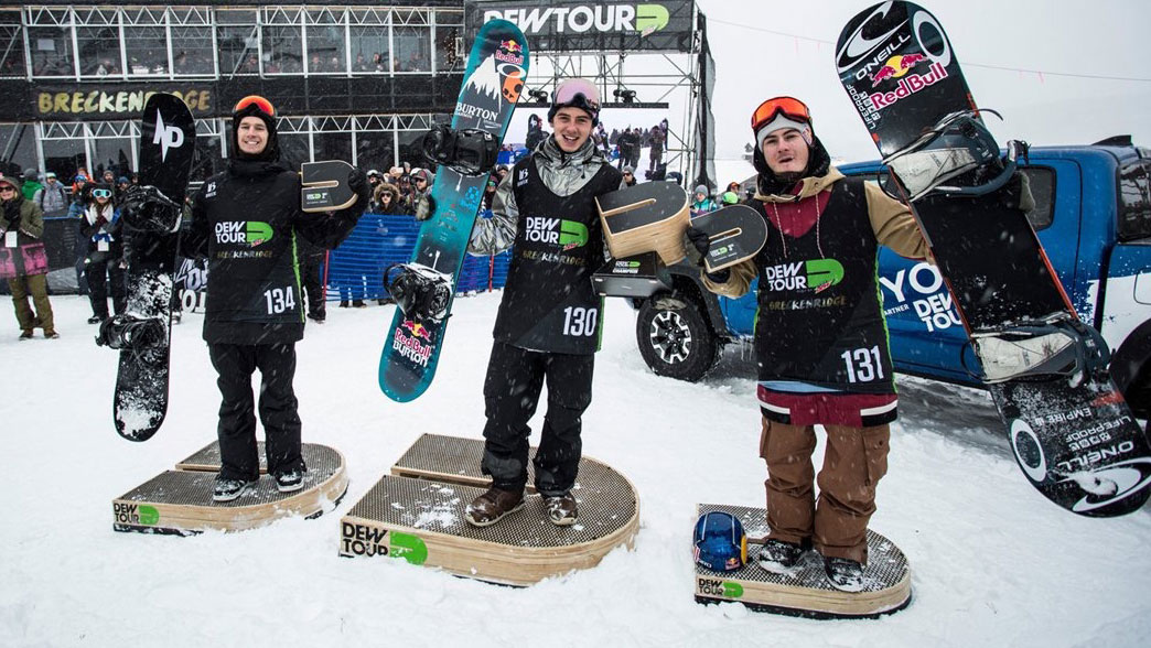 Mark McMorris, Max Parrot and Sébastien Toutant finished first through third in slopestyle at Dew Tour on Dec 11, 2016. Photo: Dew Tour