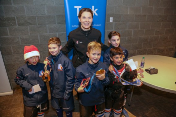 teck-olympic-hockey_5890 Jennifer Botterill with some of her young fans at the Teck Coaching Series in Kamloops, BC on December 3, 2016 Photo: Allen Douglas