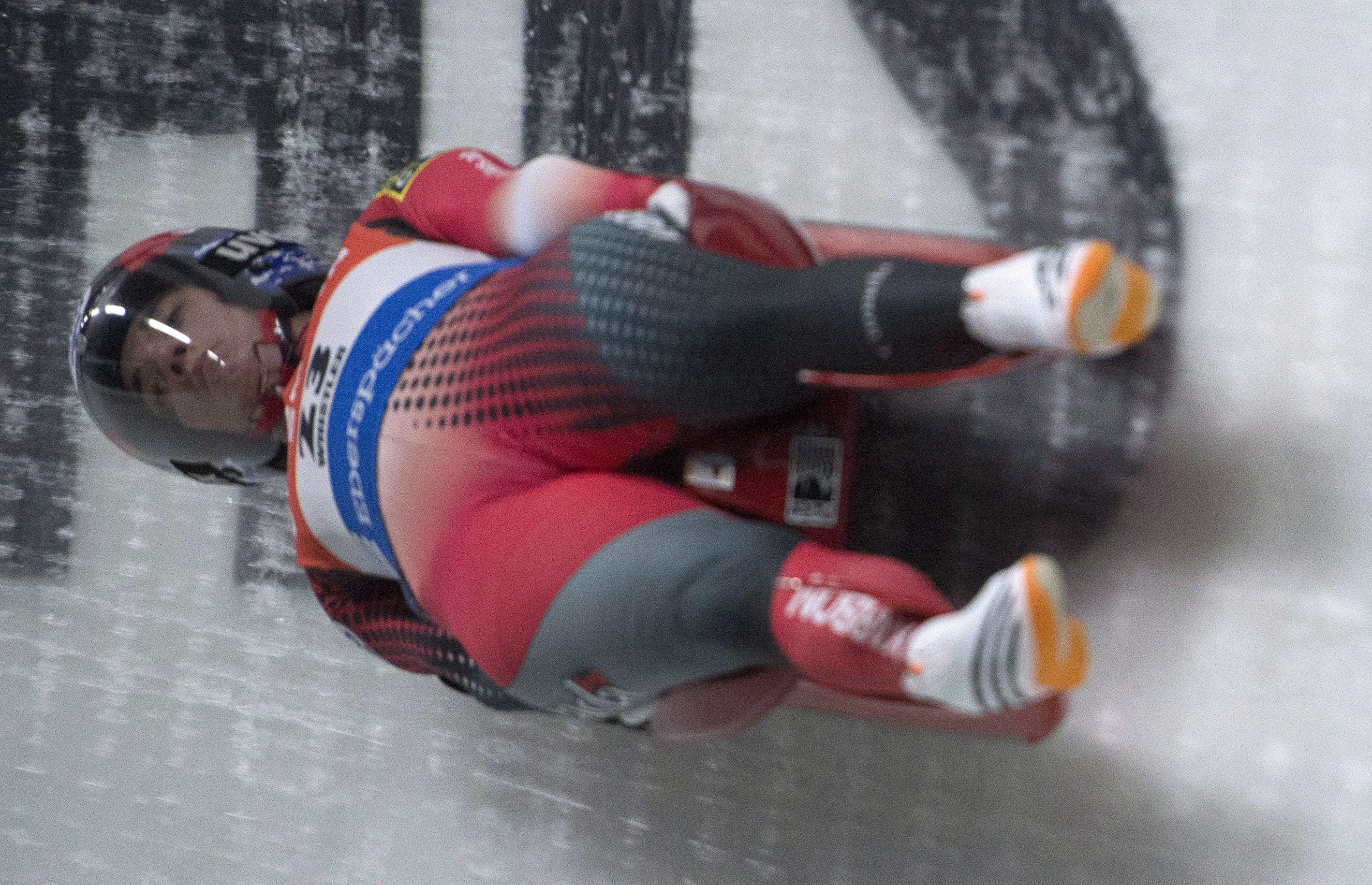 Kimberley McRae of Canada slides during the women's Luge World Cup in Whistler, B.C. Saturday, Dec. 10, 2016. THE CANADIAN PRESS/Jonathan Hayward