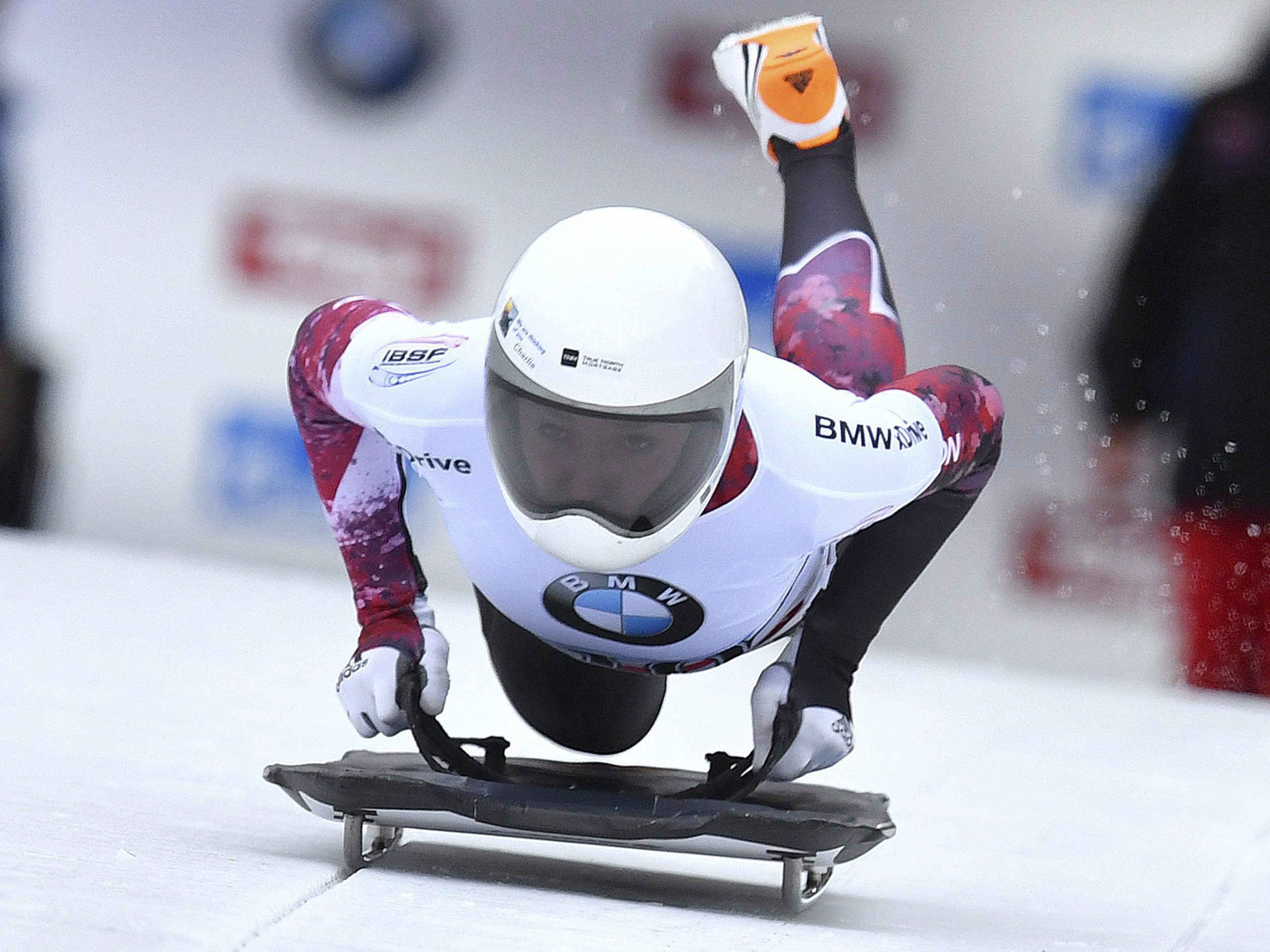 Canada's Mirela Rahneva starts during her first run in the women's Skeleton World Cup race in Igls, near Innsbruck, Austria, Friday, Feb. 3, 2017. (AP Photo/Kerstin Joensson)