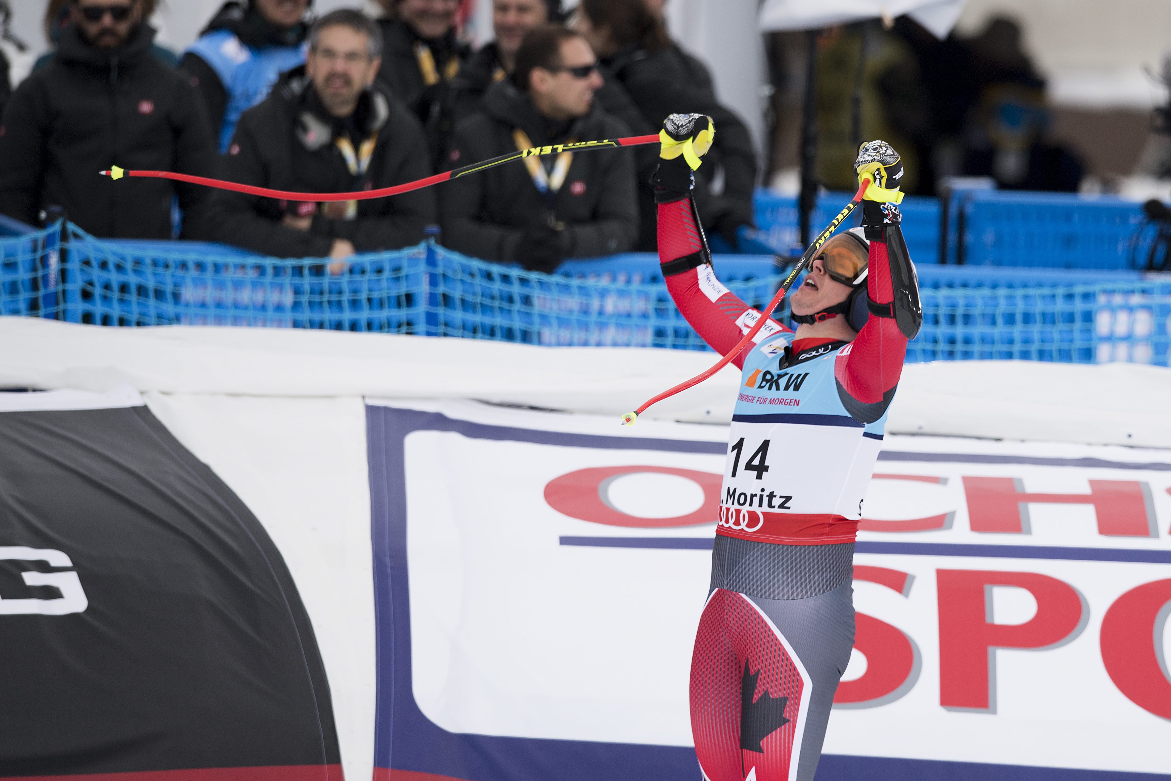 Erik Guay of Canada reacts in the finish area during the men's Super-G race at the 2017 Alpine Skiing World Championships in St. Moritz, Switzerland, Wednesday, Feb. 8, 2017. (Alexandra Wey/Keystone via AP)