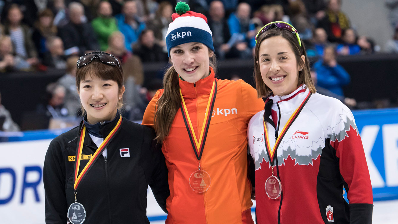 Valerie Maltais places third in 1,500m final at the World Cup short track speed skating championship in Dresden, eastern Germany, Sunday, Feb. 5, 2017. (AP Photo/Jens Meyer)